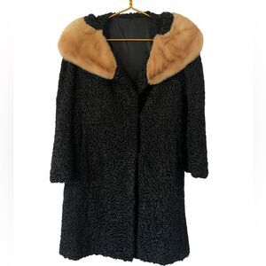 Vintage 40’-50’s Crown Monarch Black Persian Lamb & Mink Fur Collar, Size M/L/XL